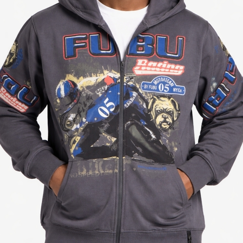 FUBU Racing Hoodie Y2K Full Zip Graphic Motorcycle Streetwear Size XL